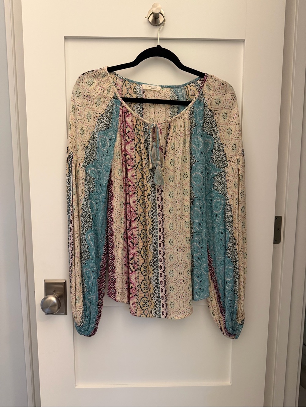 lovestitch Multi-Stripe Boho Peasant Blouse - Cream, Teal, Burgundy